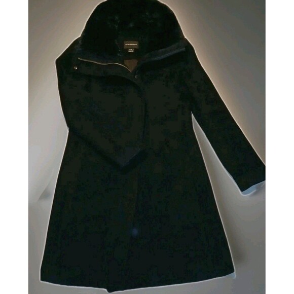 Club Monaco Womens Wool Pea Coat Faux Fur Collar Black XS Zip Mid-length Chic - Picture 3 of 12